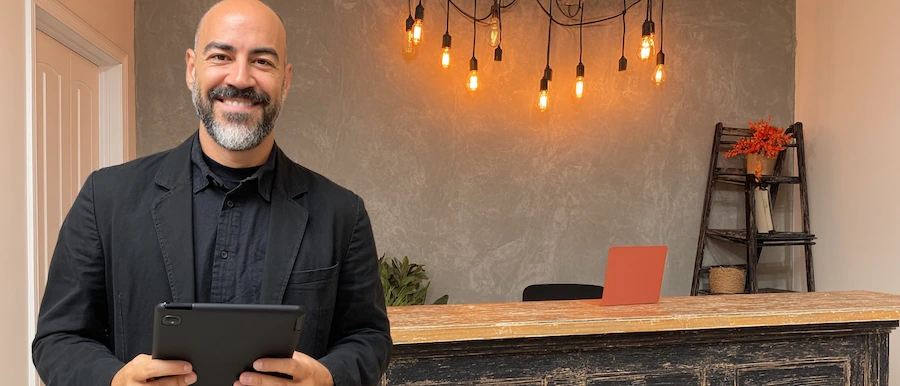 Anfitriona de recepción registrando datos en tablet para eventos en Chile